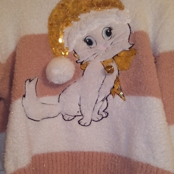 Kidscore Pink & White Striped Fuzzy Pullover Sweater With Disney Cat Size Small - Picture 2 of 6